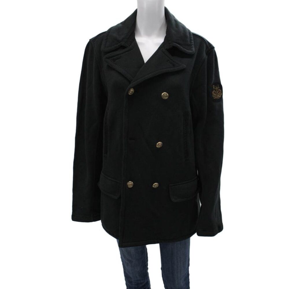 Polo Ralph Lauren Mens Pea Coat Black Cotton Button Collared Size L